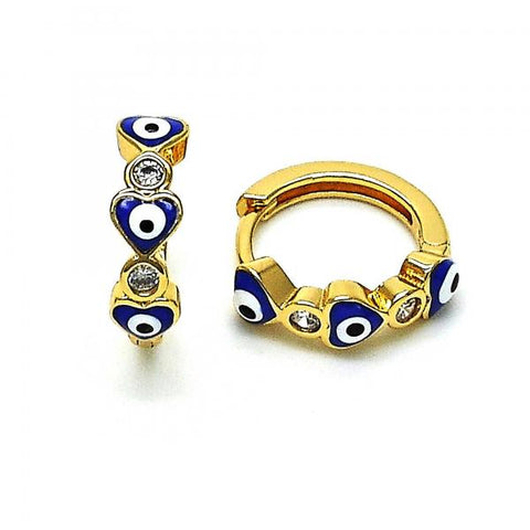 Argolla Huggie 02.213.0362.15 Oro Laminado, Diseño de Ojo Griego y Corazon, Diseño de Ojo Griego, con Zirconia Cubica Blanca, Esmaltado Azul, Dorado