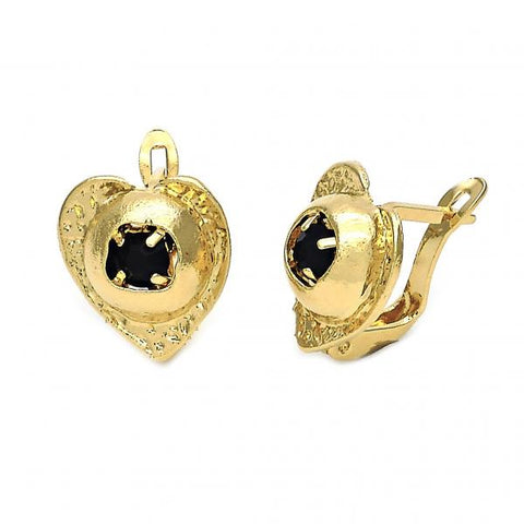 Arete Gancho Frances 5.127.052 Oro Laminado, Diseño de Corazon, con Zirconia Cubica Negro, Diamantado, Dorado