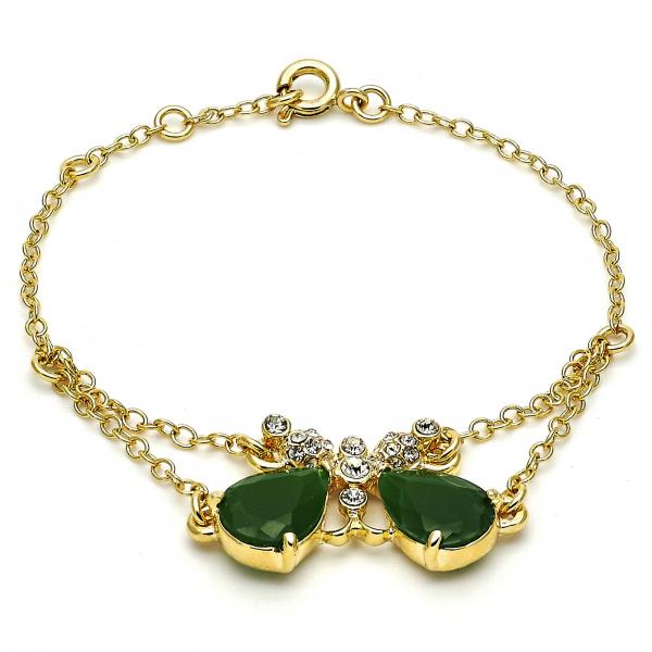 Pulsera Elegante 03.91.0066.07 Oro Laminado, Diseño de Mariposa y Rolo, Diseño de Mariposa, con Zirconia Cubica Verde y CristalBlanca, Pulido, Dorado