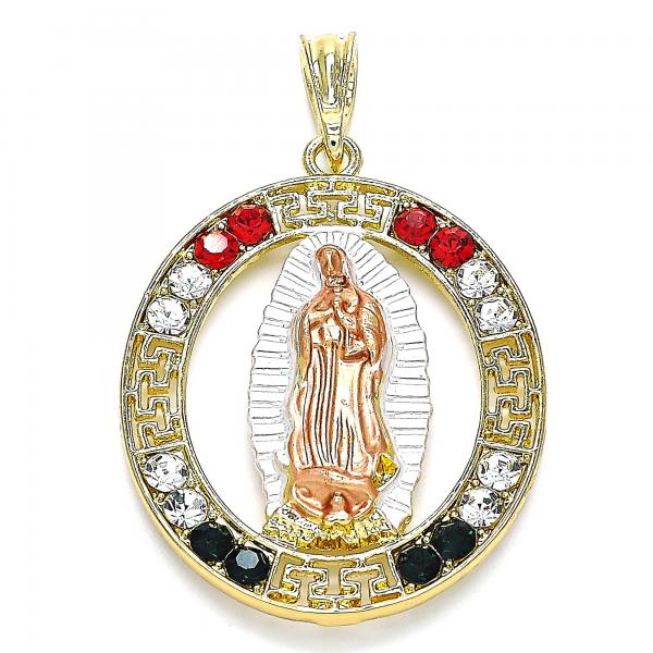 Dije Religioso 05.380.0036.1 Oro Laminado, Diseño de Guadalupe y Llave Griega, Diseño de Guadalupe, con Cristal Multicolor, Pulido, Tricolor