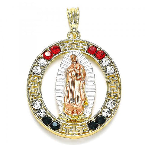 Dije Religioso 05.380.0036.1 Oro Laminado, Diseño de Guadalupe y Llave Griega, Diseño de Guadalupe, con Cristal Multicolor, Pulido, Tricolor