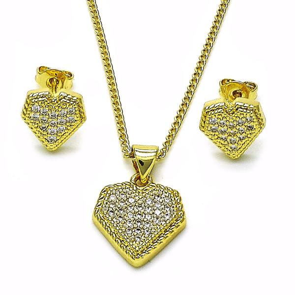 Juego de Arete y Dije de Adulto 10.156.0487 Oro Laminado, Diseño de Corazon, con Micro Pave Blanca, Pulido, Dorado