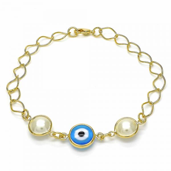 Pulsera Elegante 03.09.0068.1.07 Oro Laminado, Diseño de Ojo Griego, con Perla Blanca, Pulido Azul, Dorado