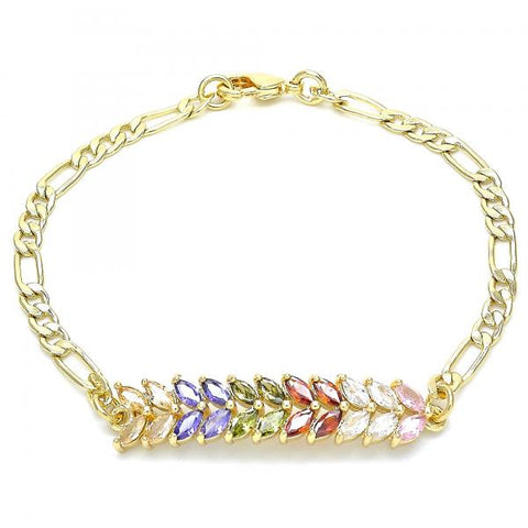 Pulsera Elegante 03.63.2154.2.08 Oro Laminado, Diseño de Oja, con Zirconia Cubica Multicolor, Pulido, Dorado