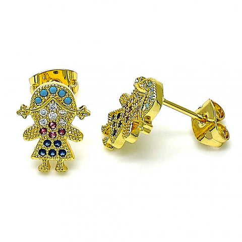 Arete Dormilona 02.341.0033 Oro Laminado, Diseño de Nina Pequena, con Micro Pave Multicolor, Pulido, Dorado