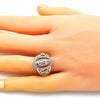 Anillo Multi Piedra 01.380.0025.07 Oro Laminado, Diseño de Guadalupe y Flor, Diseño de Guadalupe, con Zirconia Cubica Blanca, Pulido, Dorado