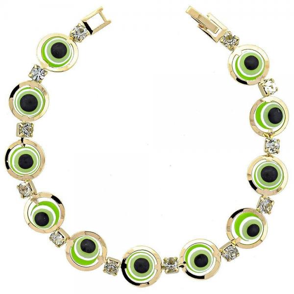 Pulsera Elegante 03.151.0001 Oro Laminado, Diseño de Ojo Griego, con Zirconia Cubica Blanca, Resinado Verde, Dorado