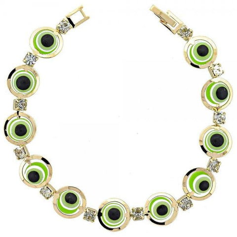 Pulsera Elegante 03.151.0001 Oro Laminado, Diseño de Ojo Griego, con Zirconia Cubica Blanca, Resinado Verde, Dorado