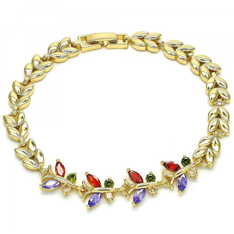 Pulsera Elegante 03.210.0135.2.08 Oro Laminado, Diseño de Mariposa y Oja, Diseño de Mariposa, con Zirconia Cubica Multicolor, Pulido, Dorado