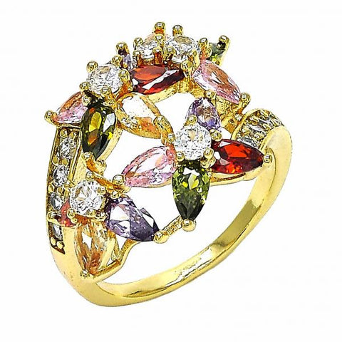 Anillo Multi Piedra 01.283.0015.1.07 Oro Laminado, Diseño de Flor, con Zirconia Cubica Multicolor, Pulido, Dorado