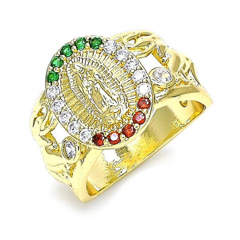 Anillo Multi Piedra 01.380.0007.08 Oro Laminado, Diseño de Guadalupe y Elefante, Diseño de Guadalupe, con Micro Pave Multicolor y Zirconia CubicaBlanca, Pulido, Dorado