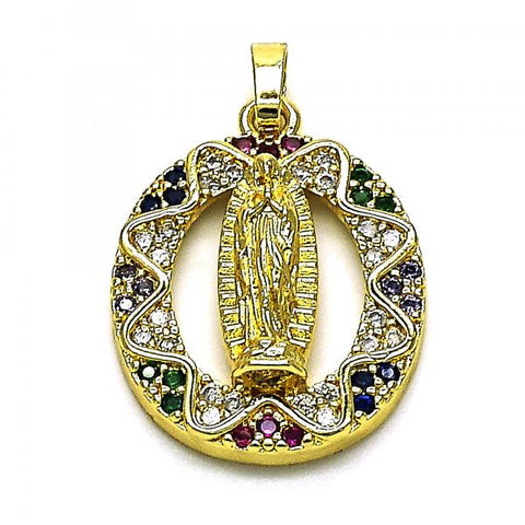 Dije Religioso 05.284.0005 Oro Laminado, Diseño de Guadalupe, con Micro Pave Multicolor, Pulido, Dorado