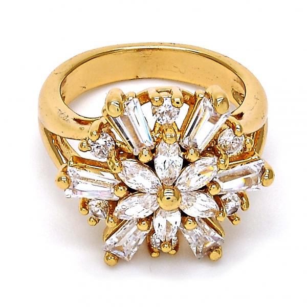 Anillo Multi Piedra 01.210.0037.08 Oro Laminado, Diseño de Flor, con Zirconia Cubica Blanca, Pulido, Dorado