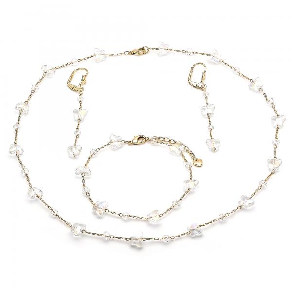 Collar, Pulso y Arete 06.213.0014 Oro Laminado, Diseño de Mariposa, con Cristal Aurore Boreale, Pulido, Dorado