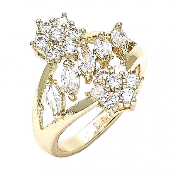 Anillo Multi Piedra 01.210.0096.06 Oro Laminado, Diseño de Flor, con Zirconia Cubica Blanca, Pulido, Dorado