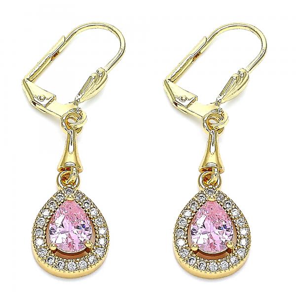 Arete Largo 02.213.0334.1 Oro Laminado, Diseño de Gota, con Zirconia Cubica Rosado y Micro PaveBlanca, Pulido, Dorado