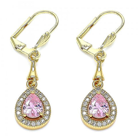 Arete Largo 02.213.0334.1 Oro Laminado, Diseño de Gota, con Zirconia Cubica Rosado y Micro PaveBlanca, Pulido, Dorado