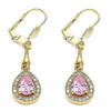 Arete Largo 02.213.0334.1 Oro Laminado, Diseño de Gota, con Zirconia Cubica Rosado y Micro PaveBlanca, Pulido, Dorado