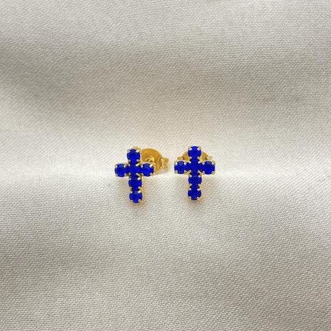 Arete Dormilona 02.02.0523.2 Oro Laminado, Diseño de Cruz, con Zirconia Cubica Zafiro Azul, Pulido, Dorado