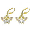 Arete Colgante 02.351.0083 Oro Laminado, Diseño de Mariposa, Pulido, Tricolor