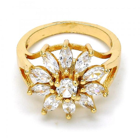 Anillo Multi Piedra 01.210.0046.07 Oro Laminado, Diseño de Flor, con Zirconia Cubica Blanca, Pulido, Dorado