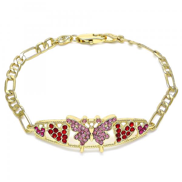 Pulsera Elegante 03.380.0052.1.08 Oro Laminado, Diseño de Mariposa y Corazon, Diseño de Mariposa, con Cristal Rosado y Granate, Pulido, Dorado