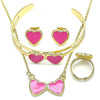 Collar, Pulso, Arete y Anillo 06.361.0025 Oro Laminado, Diseño de Corazon, Esmaltado Rosado, Dorado