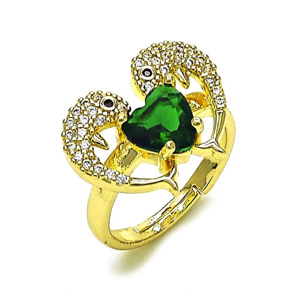 Anillo Multi Piedra 01.196.0002.2 Oro Laminado, Diseño de Delfin y Corazon, Diseño de Delfin, con Zirconia Cubica Verde y Micro PaveBlanca, Pulido, Dorado