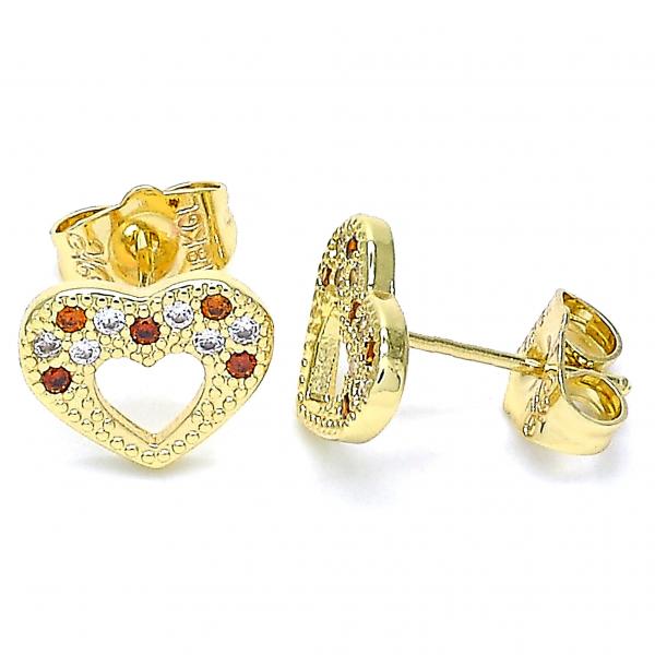 Arete Dormilona 02.156.0513.1 Oro Laminado, Diseño de Corazon, con Micro Pave Granate y Blanca, Pulido, Dorado