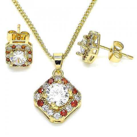 Juego de Arete y Dije de Adulto 10.344.0016.1 Oro Laminado, con Micro Pave Granate y Blanca, Pulido, Dorado