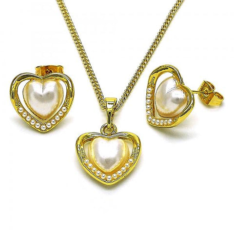 Juego de Arete y Dije de Adulto 10.379.0066 Oro Laminado, Diseño de Corazon, con Perla Marfil, Pulido, Dorado