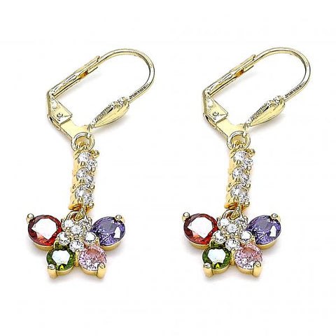 Arete Largo 02.387.0038.1 Oro Laminado, Diseño de Mariposa y Flor, Diseño de Mariposa, con Zirconia Cubica Multicolor, Pulido, Dorado