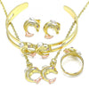 Collar, Pulso, Arete y Anillo 06.361.0021 Oro Laminado, Diseño de Delfin, con Cristal Rosado, Pulido, Tricolor