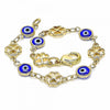 Pulsera Elegante 03.326.0011.2.06 Oro Laminado, Diseño de Ojo Griego y Trebol de Cuatro Hojas, Diseño de Ojo Griego, Resinado Azul, Dorado