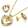 Juego de Arete y Dije de Adulto 10.316.0015.2 Oro Laminado, Diseño de Corazon, con Zirconia Cubica Multicolor, Pulido, Dorado