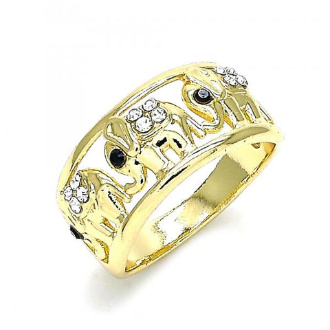 Anillo Multi Piedra 01.380.0004.08 Oro Laminado, Diseño de Elefante, con Cristal Blanca y Negro, Pulido, Dorado