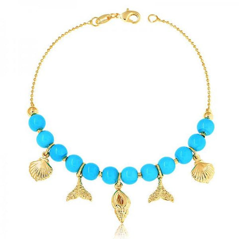 Pulsera de Dije 03.32.0183.07 Oro Laminado, Diseño de Pescado, con Perla Turquoise, Pulido Azul, Dorado
