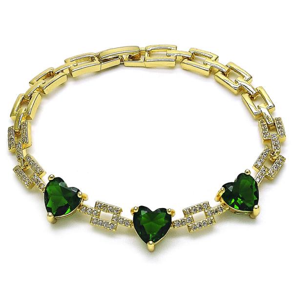 Pulsera Elegante 03.284.0043.2.07 Oro Laminado, Diseño de Corazon, con Zirconia Cubica Verde y Micro PaveBlanca, Pulido, Dorado