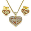 Juego de Arete y Dije de Adulto 10.156.0415.1 Oro Laminado, Diseño de Corazon y Amor, Diseño de Corazon, con Micro Pave Granate, Pulido, Dorado