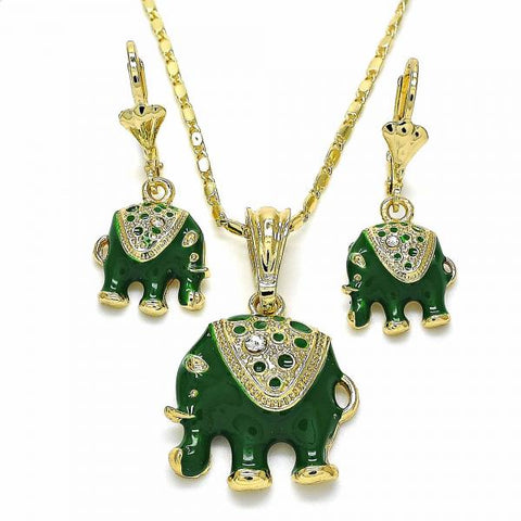 Juego de Arete y Dije de Adulto 10.351.0004.2 Oro Laminado, Diseño de Elefante, con Cristal Blanca, Esmaltado Verde, Dorado