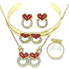 Collar, Pulso, Arete y Anillo 06.361.0023.1 Oro Laminado, Diseño de Corazon, con Cristal Granate y Blanca, Pulido, Dorado