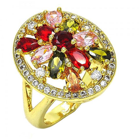 Anillo Multi Piedra 01.266.0025.07 Oro Laminado, Diseño de Flor, con Zirconia Cubica Multicolor, Pulido, Dorado