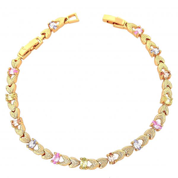 Pulsera Elegante 03.60.0043 Oro Laminado, Diseño de Corazon, con Zirconia Cubica Multicolor, Diamantado, Tono Dorado