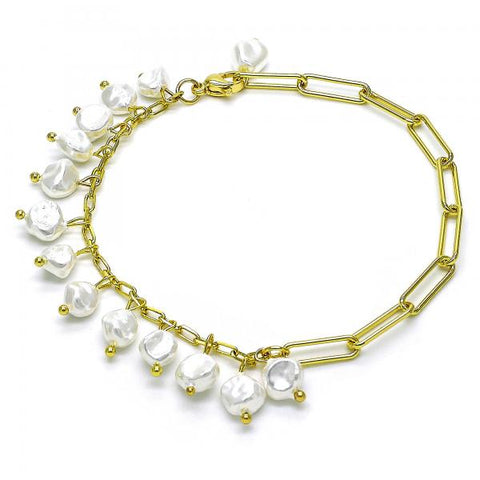 Pulsera Elegante 03.405.0003.09 Oro Laminado, Diseño de Paperclip, con Perla Marfil, Pulido, Dorado