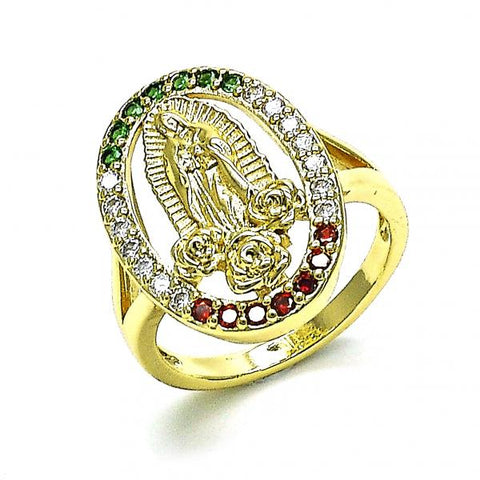 Anillo Multi Piedra 01.380.0022.1.09 Oro Laminado, Diseño de Guadalupe y Flor, Diseño de Guadalupe, con Zirconia Cubica Multicolor, Pulido, Dorado