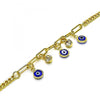 Pulsera de Dije 03.63.2240.08 Oro Laminado, Diseño de Ojo Griego y Paperclip, Diseño de Ojo Griego, con Cristal Blanca, Resinado Azul, Dorado