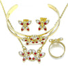 Collar, Pulso, Arete y Anillo 06.361.0032.1 Oro Laminado, Diseño de Mariposa, con Cristal Granate y Blanca, Pulido, Dorado