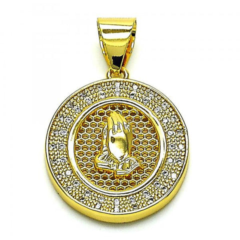 Dije Religioso 05.342.0154 Oro Laminado, Diseño de Manos de Rogacion, con Micro Pave Blanca, Pulido, Dorado