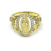 Anillo Multi Piedra 01.380.0025.07 Oro Laminado, Diseño de Guadalupe y Flor, Diseño de Guadalupe, con Zirconia Cubica Blanca, Pulido, Dorado