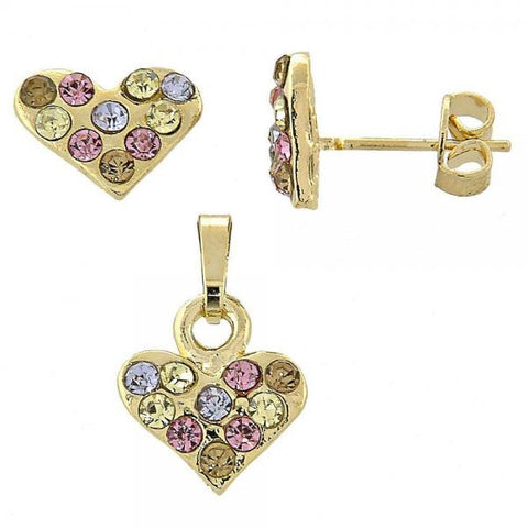 Juego de Arete y Dije de Adulto 10.164.0019.1 Oro Laminado, Diseño de Corazon, con Cristal Multicolor, Pulido, Dorado